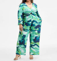 Nina Parker Long-sleeve Ring-detail Jumpsuit - Plus Size in neon marble - women's pants - view 6