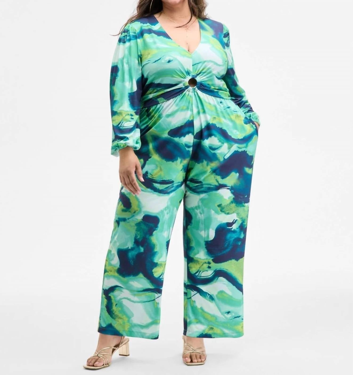 Nina Parker Long-sleeve Ring-detail Jumpsuit - Plus Size in neon marble - women's pants - view 6