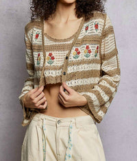 Pol - Sofia Floral Embroidery Crochet Striped Sweater