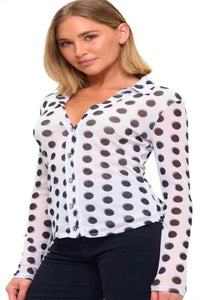 Ariella - Mesh Polka Dot Long Sleeve Top