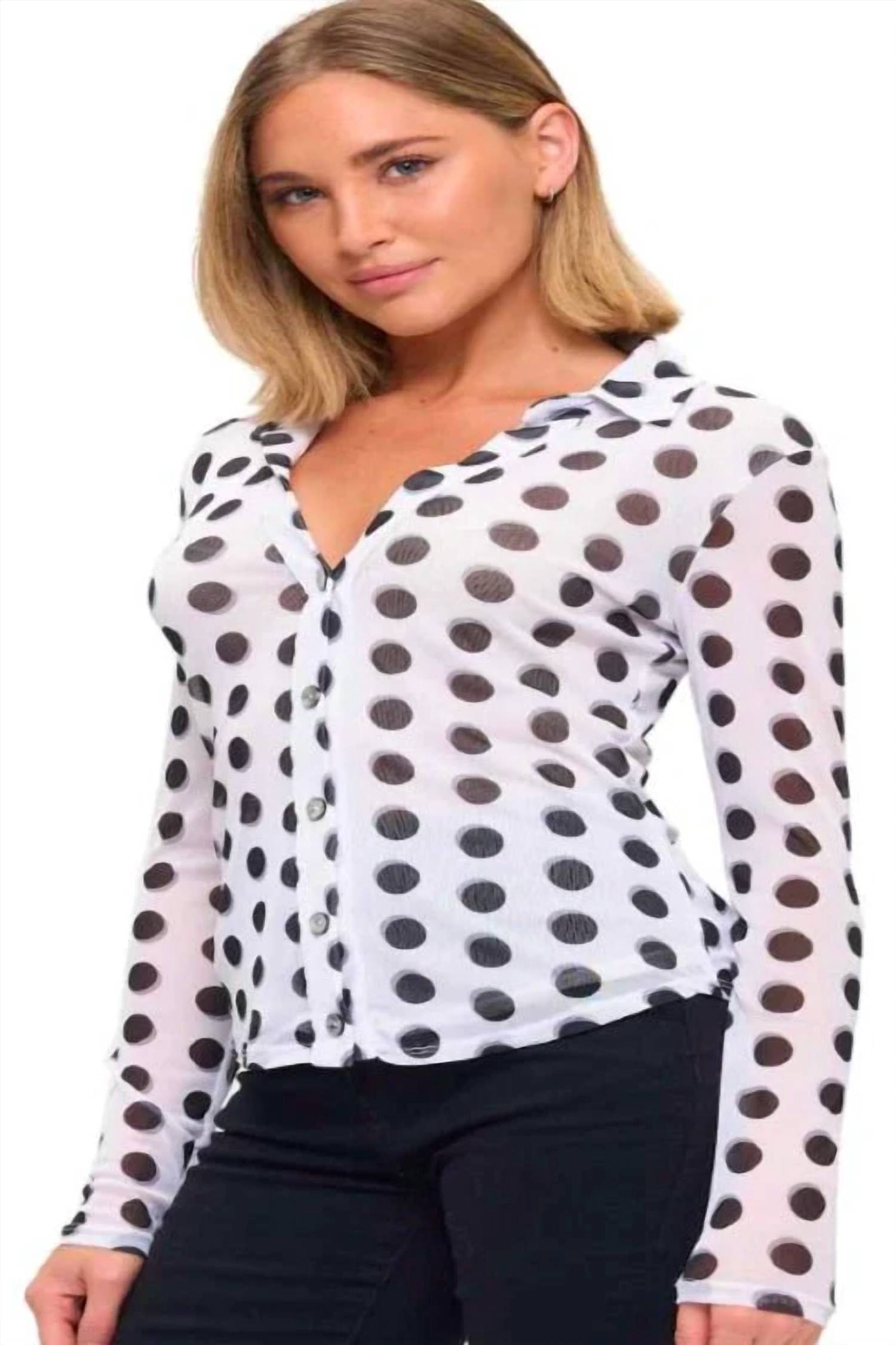 Ariella - Mesh Polka Dot Long Sleeve Top