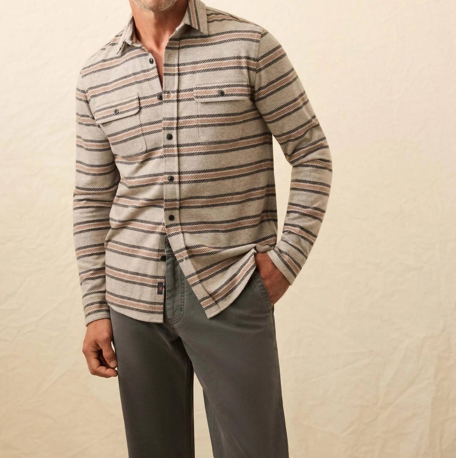 Faherty Double Pocket Legend Sweater Shirt in rock coast stripe - men's shirt - detail view