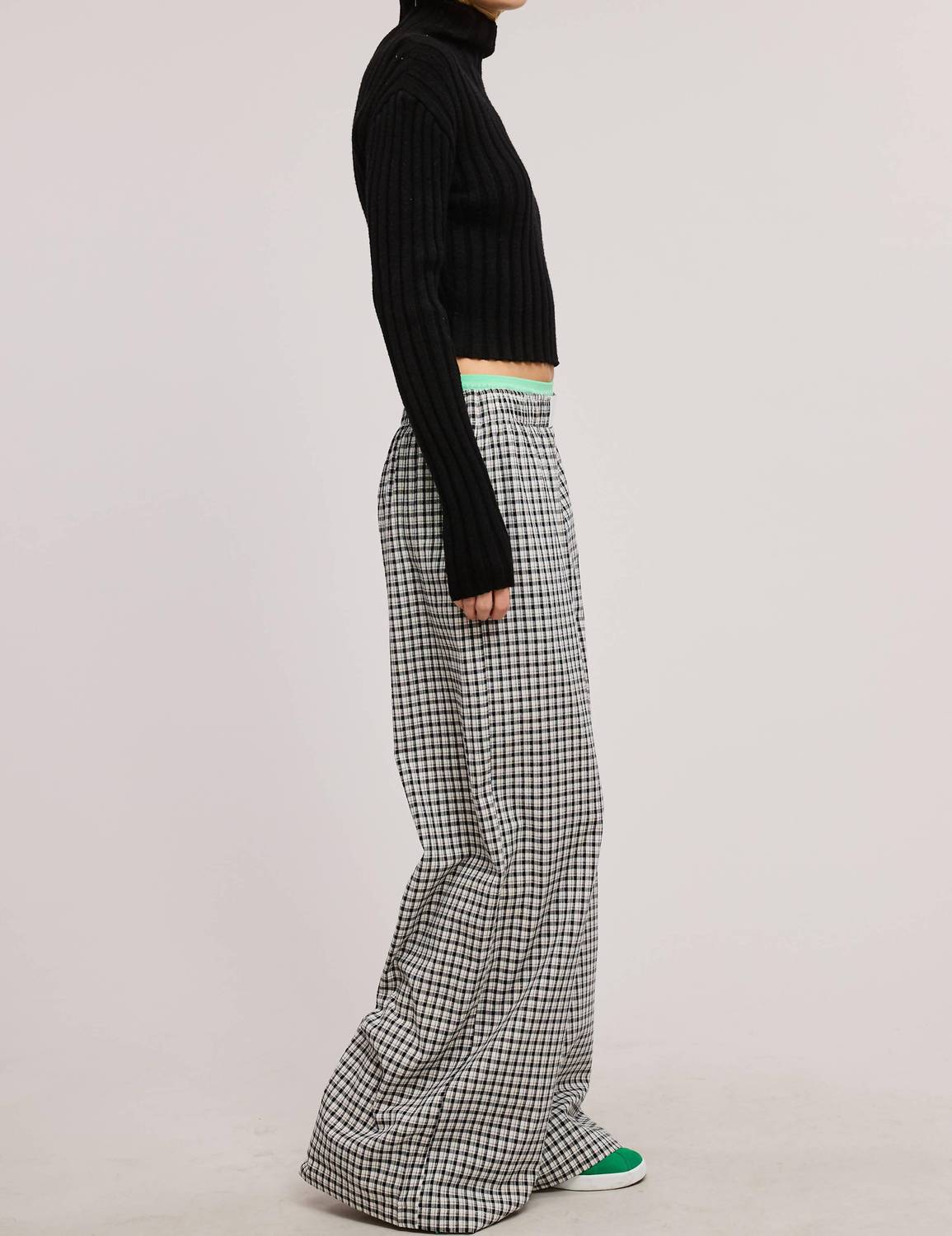 Mimosa Mid Rise Elasticized Waistband Gingham Pattern Pants in black - women's pants - alternate view