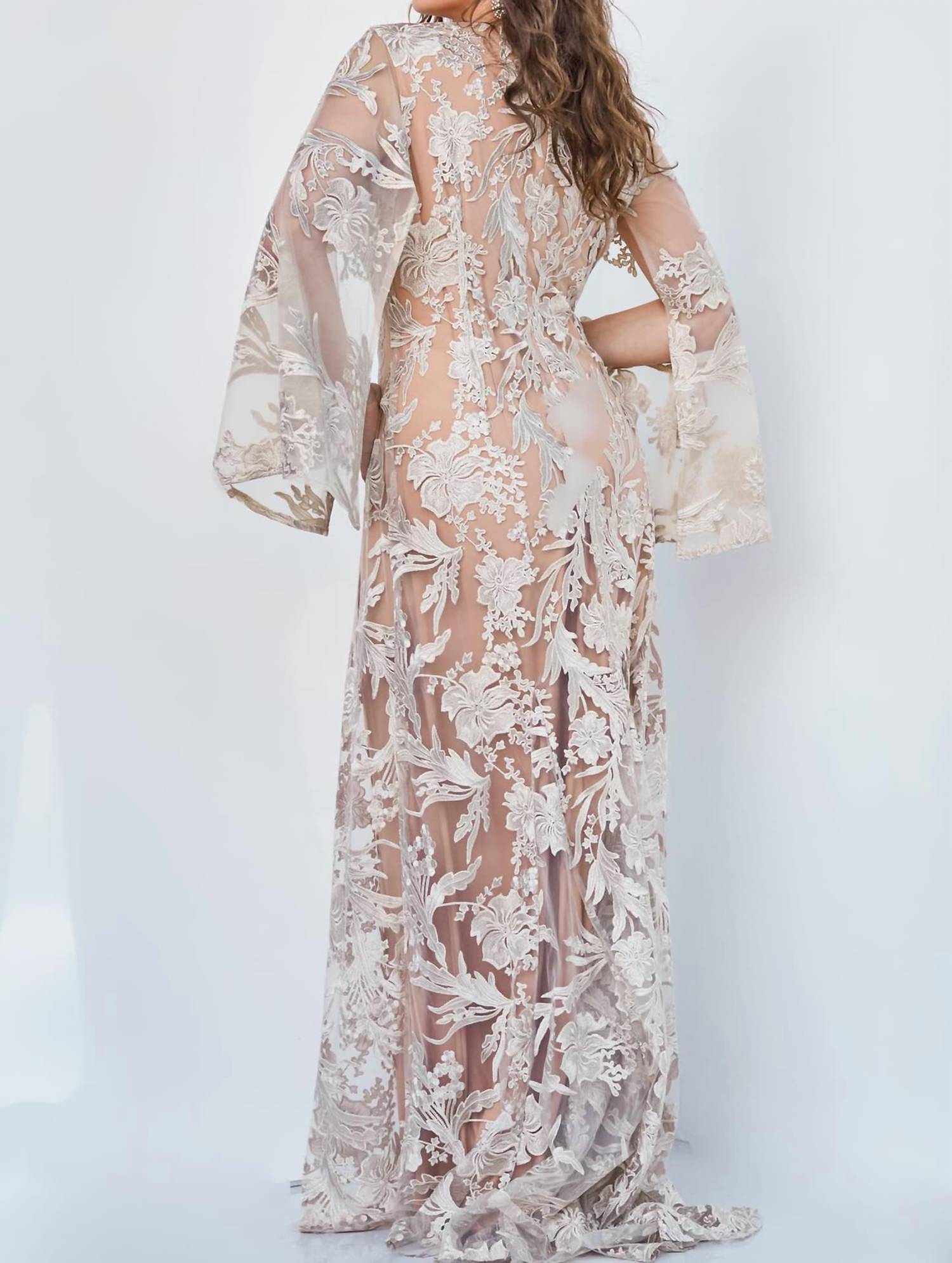 Jovani - Cape Sleeve Lace Dress
