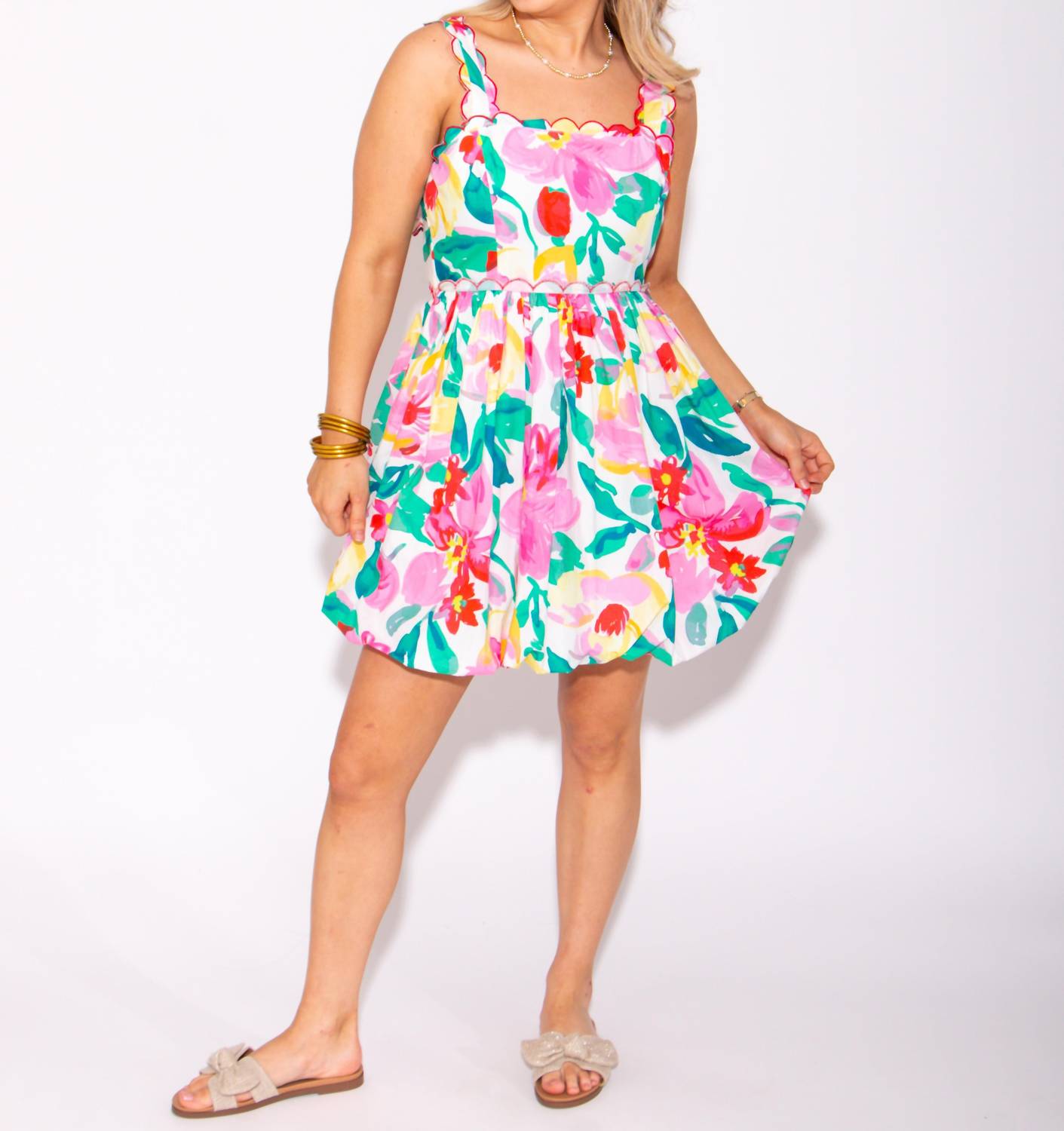 Peach Love - Bubbled Floral Bow Back Tie Closure Mini Dress