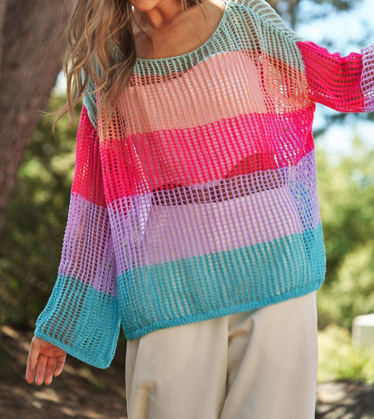 Davi & Dani - Crochet Color Block Striped Pullover