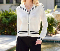 Karen Kane - Stripe Sailor Collar Cardigan Sweater
