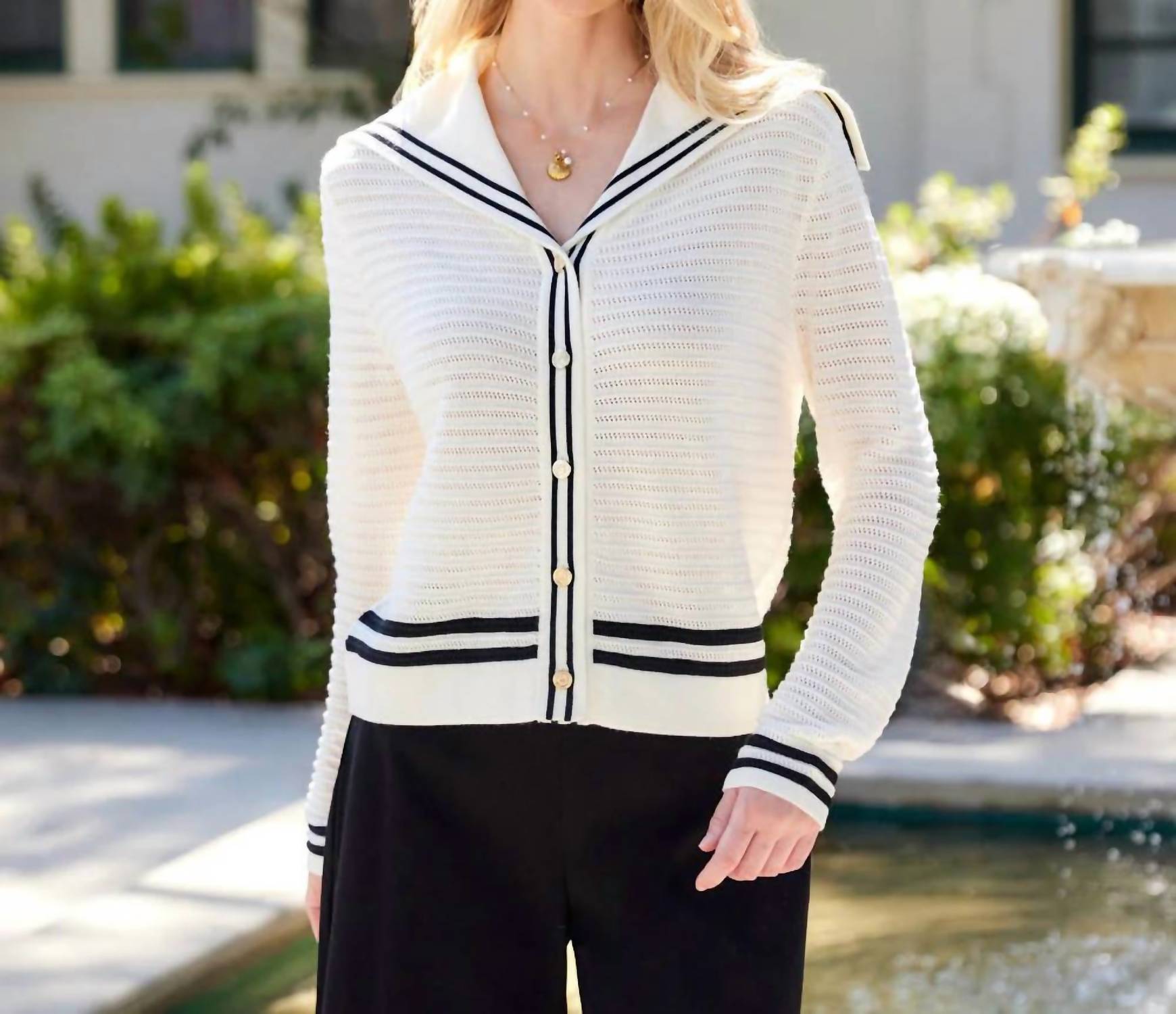 Karen Kane - Stripe Sailor Collar Cardigan Sweater