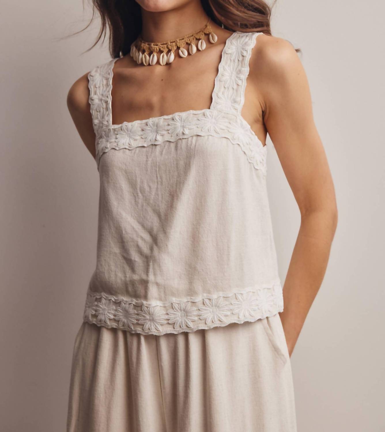 Forte - Embroidered Square Neck Tank And Wide Leg Pants Set