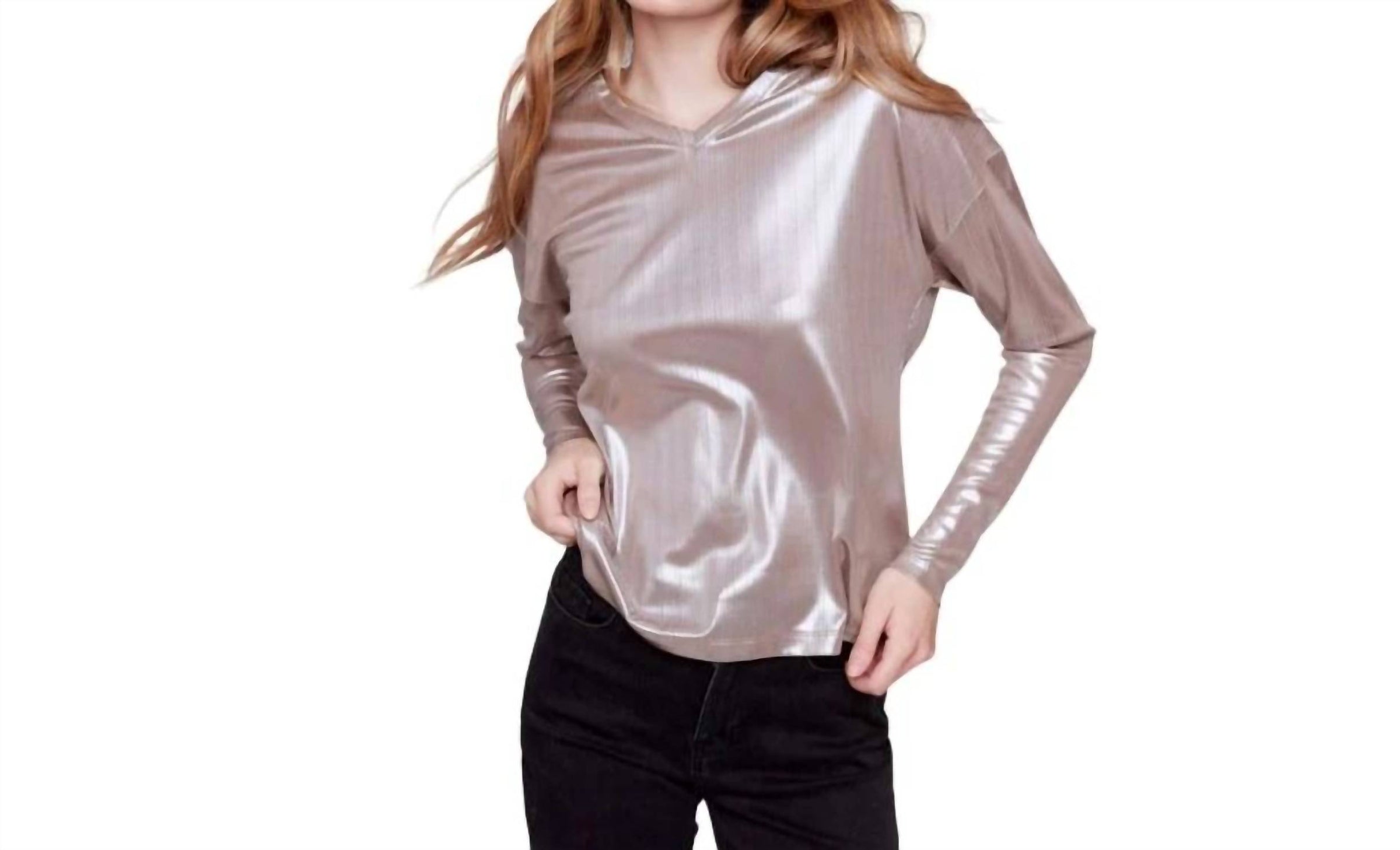 CHARLIE B Foiled Knit Long Sleeve Top in truffle - women's blouse