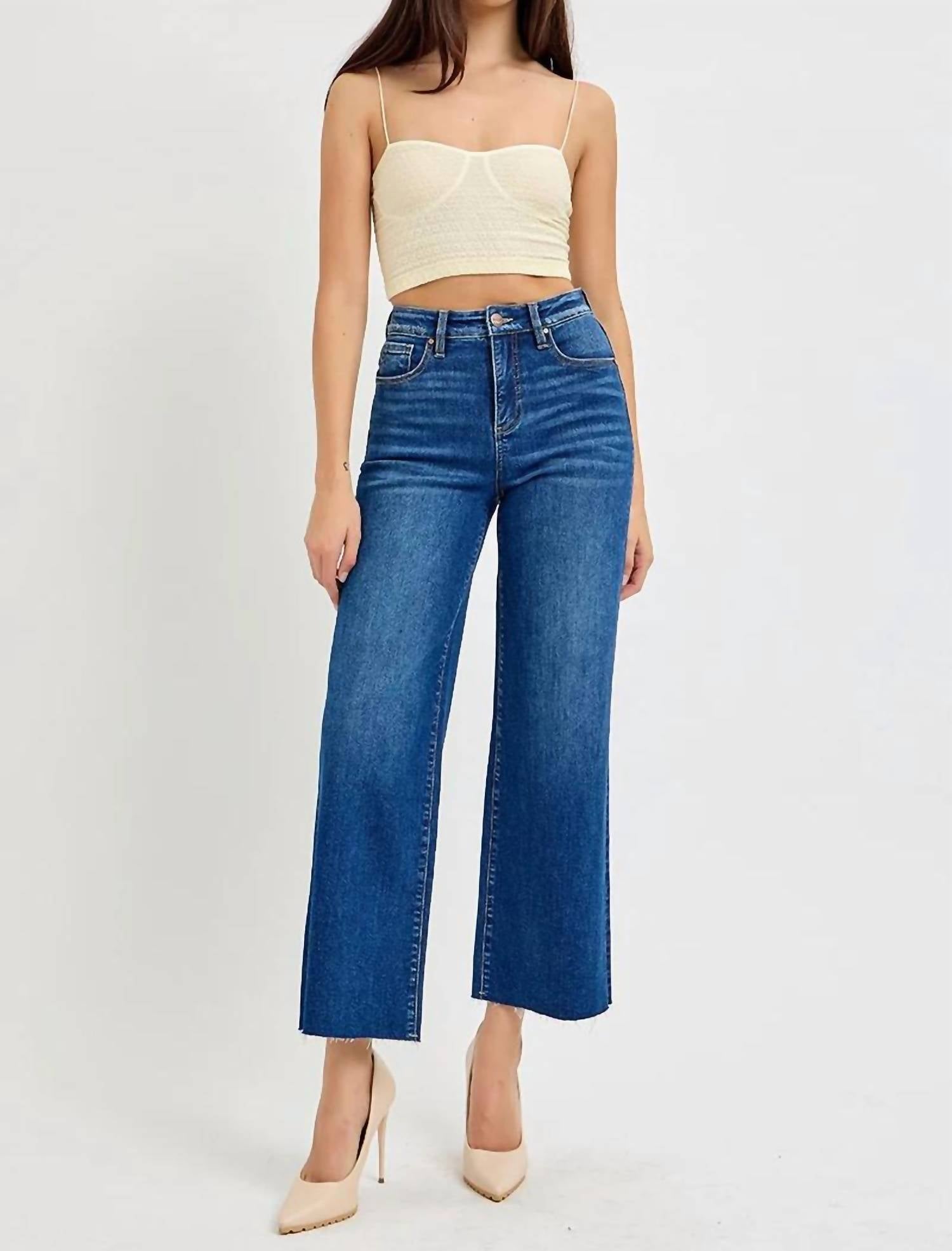 Risen - Tummy Control High Rise Crop Wide Leg Jeans
