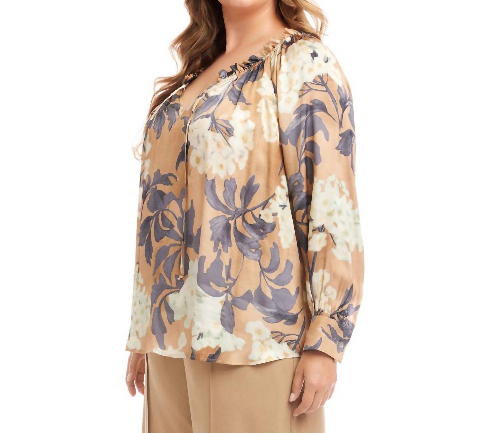 Karen Kane Long Sleeve Ruffle Neck Peasant Top - Plus in print - women's long sleeve top - detail view