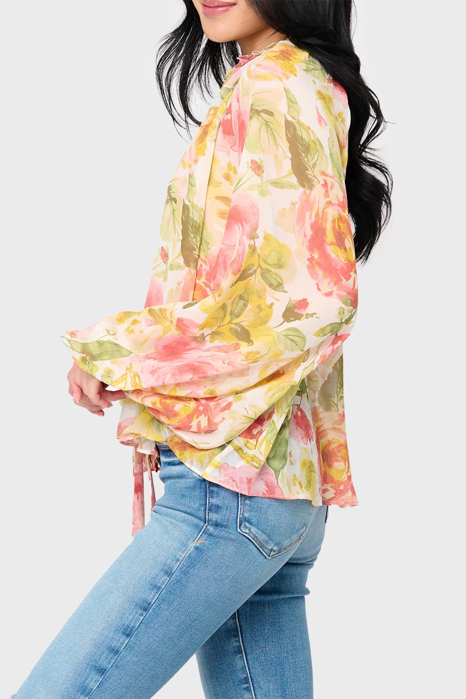 Reset By Jane - Button Front Chiffon Blouse With Tie