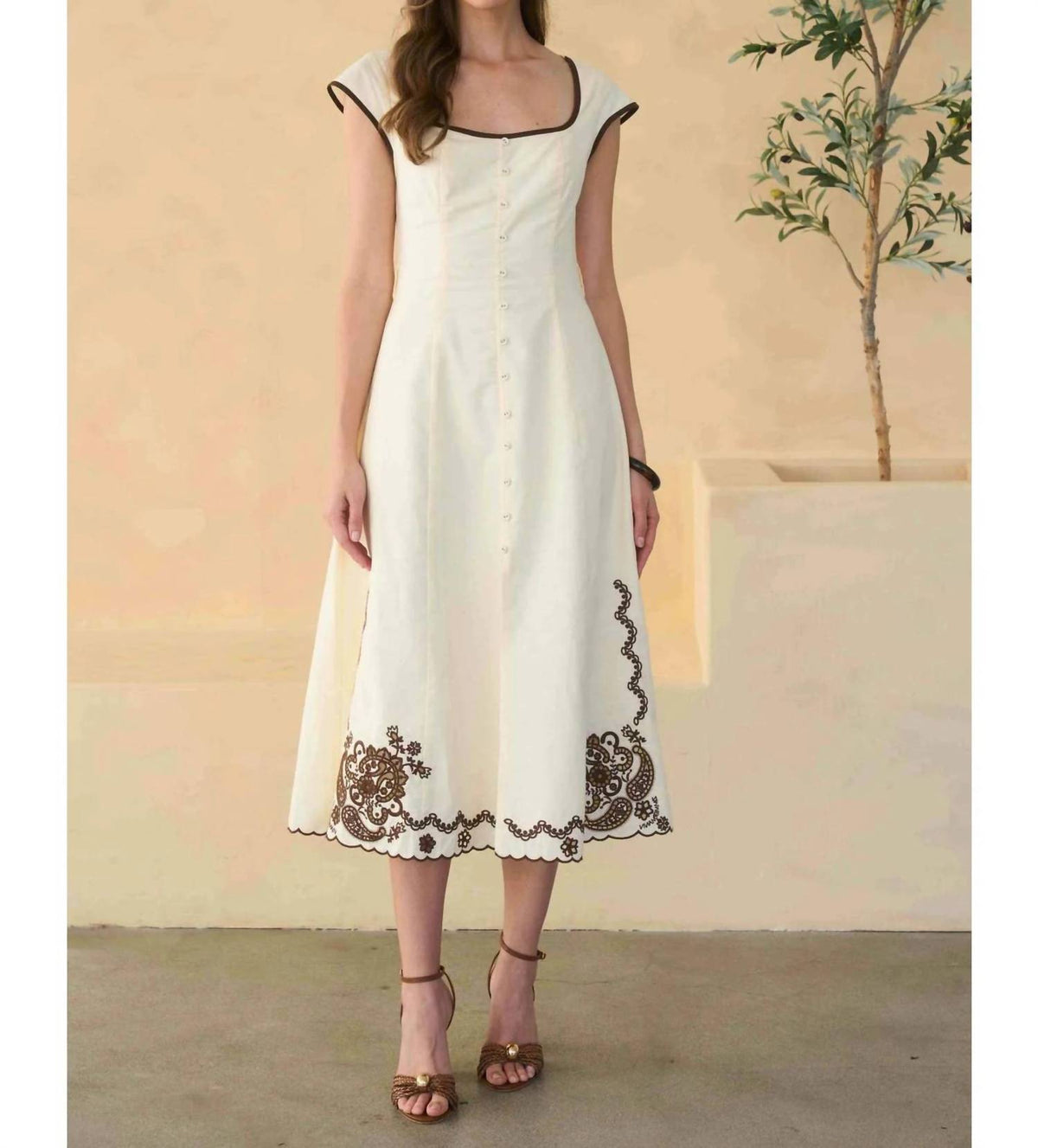 Moon River - Embroidery Detail Button Down Midi Dress