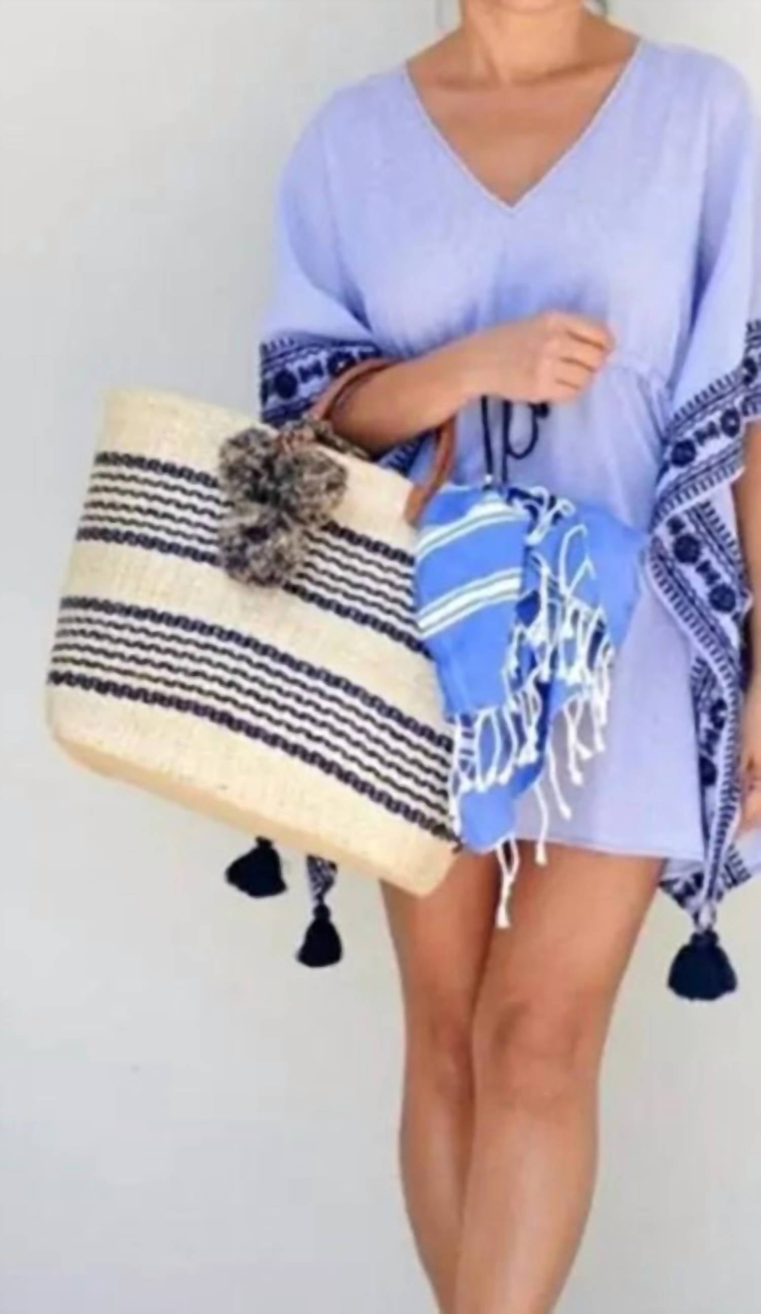 Faire - Women's Bohemian Striped Pom-pom Straw Bag