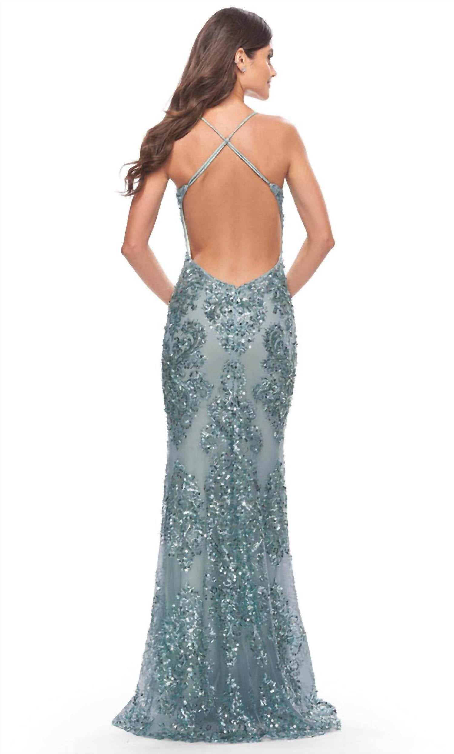 La Femme Patterned Sequin Plunging Prom Gown in sea mist - women's dress - alternate view