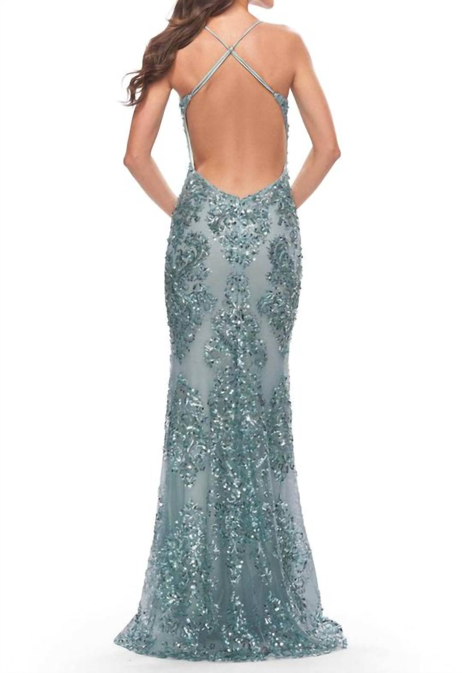 La Femme Patterned Sequin Plunging Prom Gown in sea mist - women's dress - detail view