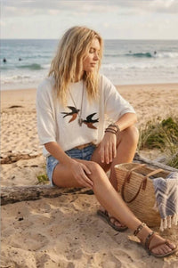 Sewn And Seen - Bird Graphic Lightweight Sweater Top
