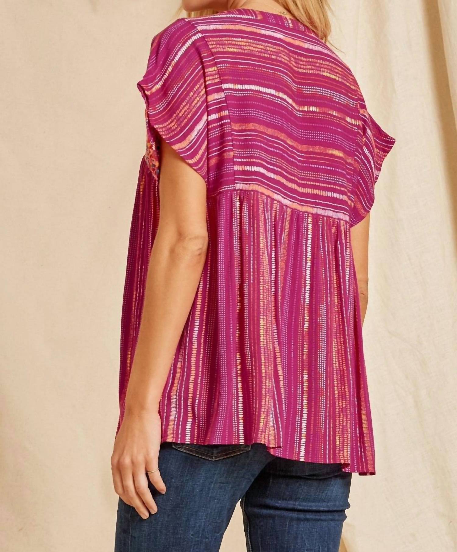 Andree By Unit - Striped Babydoll Embroidered Top