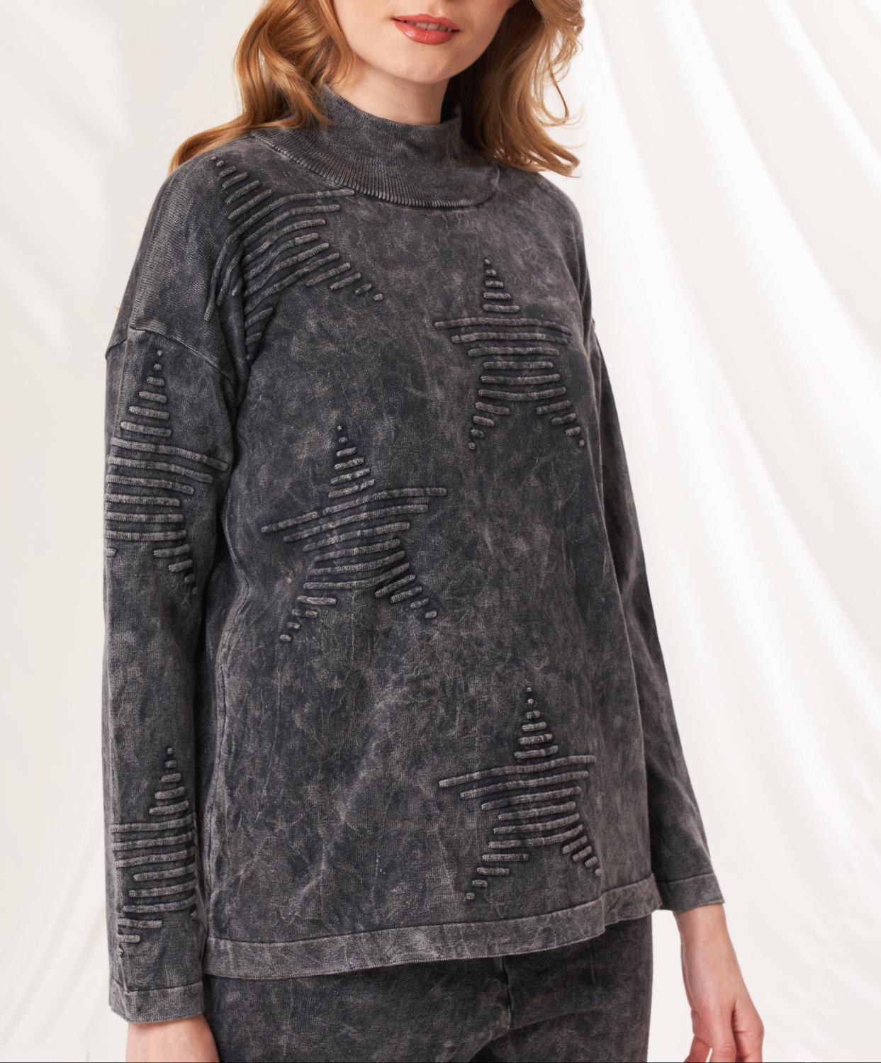 Angel Apparel Mock Neck Star Top in charcoal - women's sweater - detail view