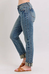 Judy Blue - Vintage Wash Panel And Double Roll Cuff Boyfriend Jeans