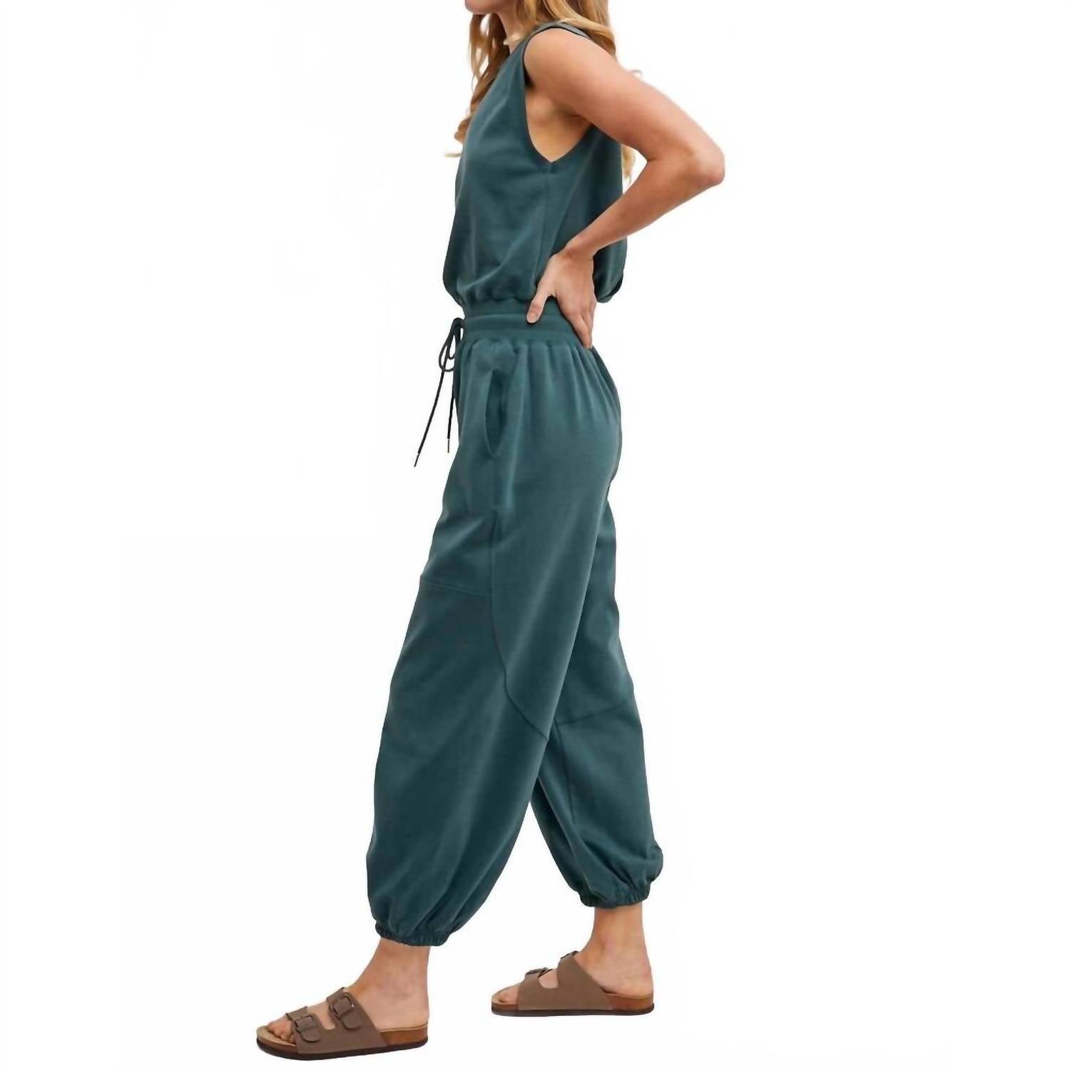 BluIvy Women's Drawstring Waist Sleeveless Jumpsuit in green - women's pants - detail view
