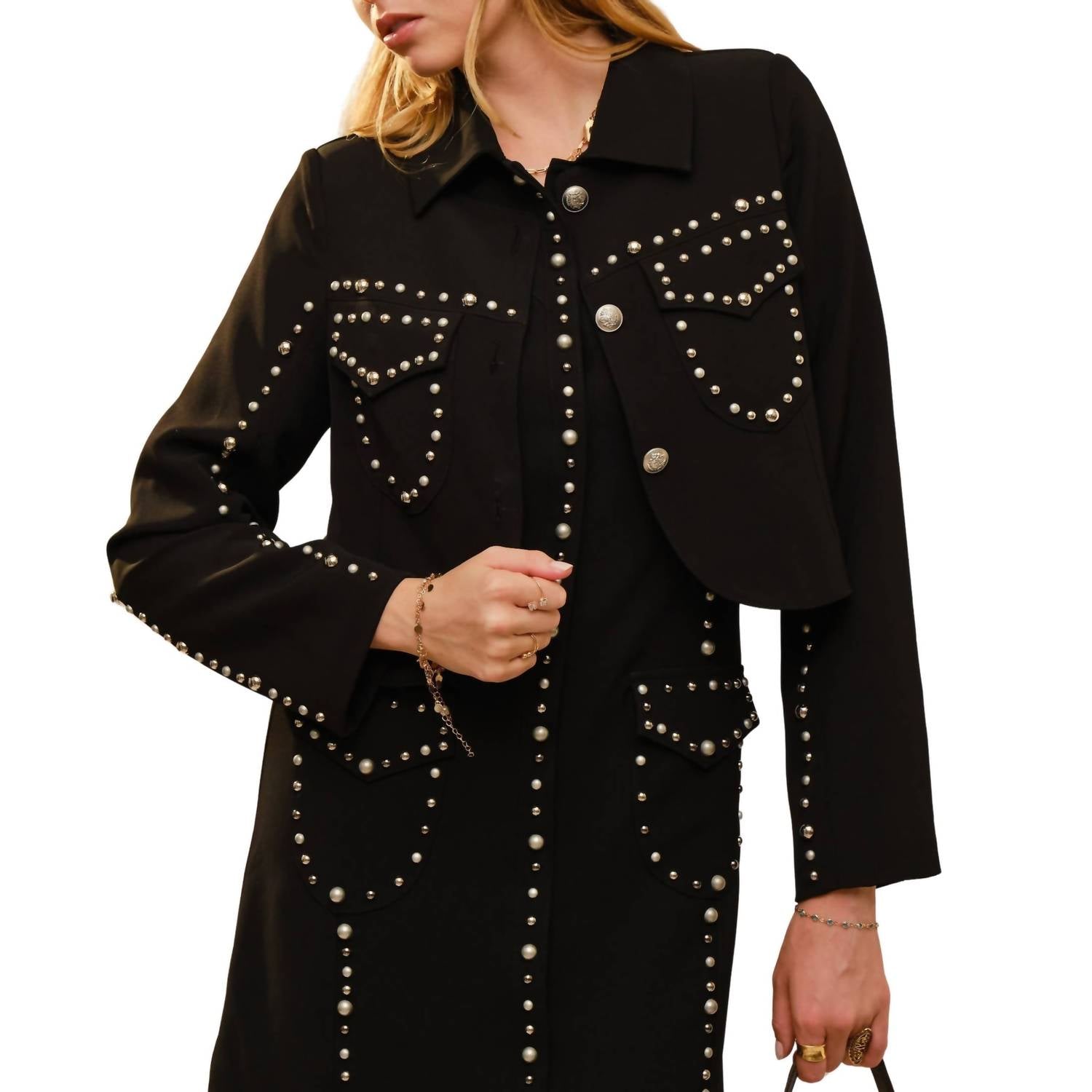 Blue B - Round Neck Long Sleeve Studded Detailed Jacket