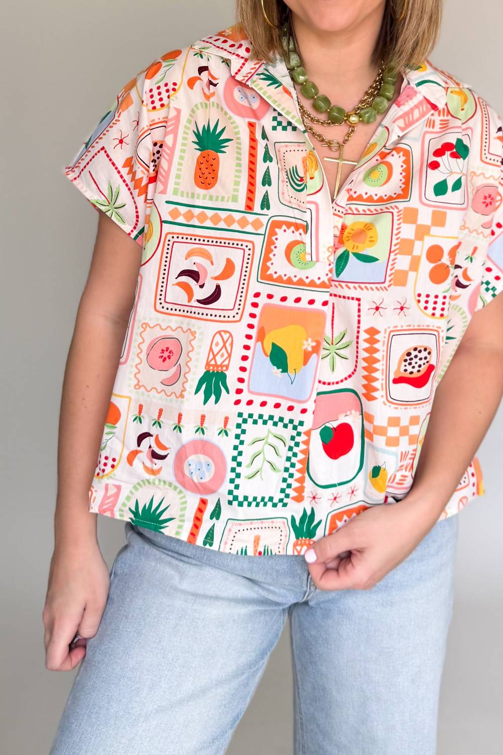 Karlie Fruit Basket Signature Top in ivory multi - women's blouse