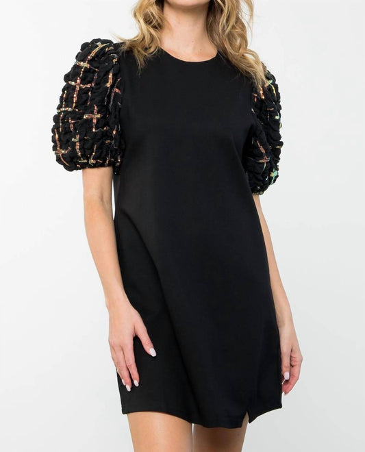 TEXTURED SEQUIN PUFF SLEEVE DRESS