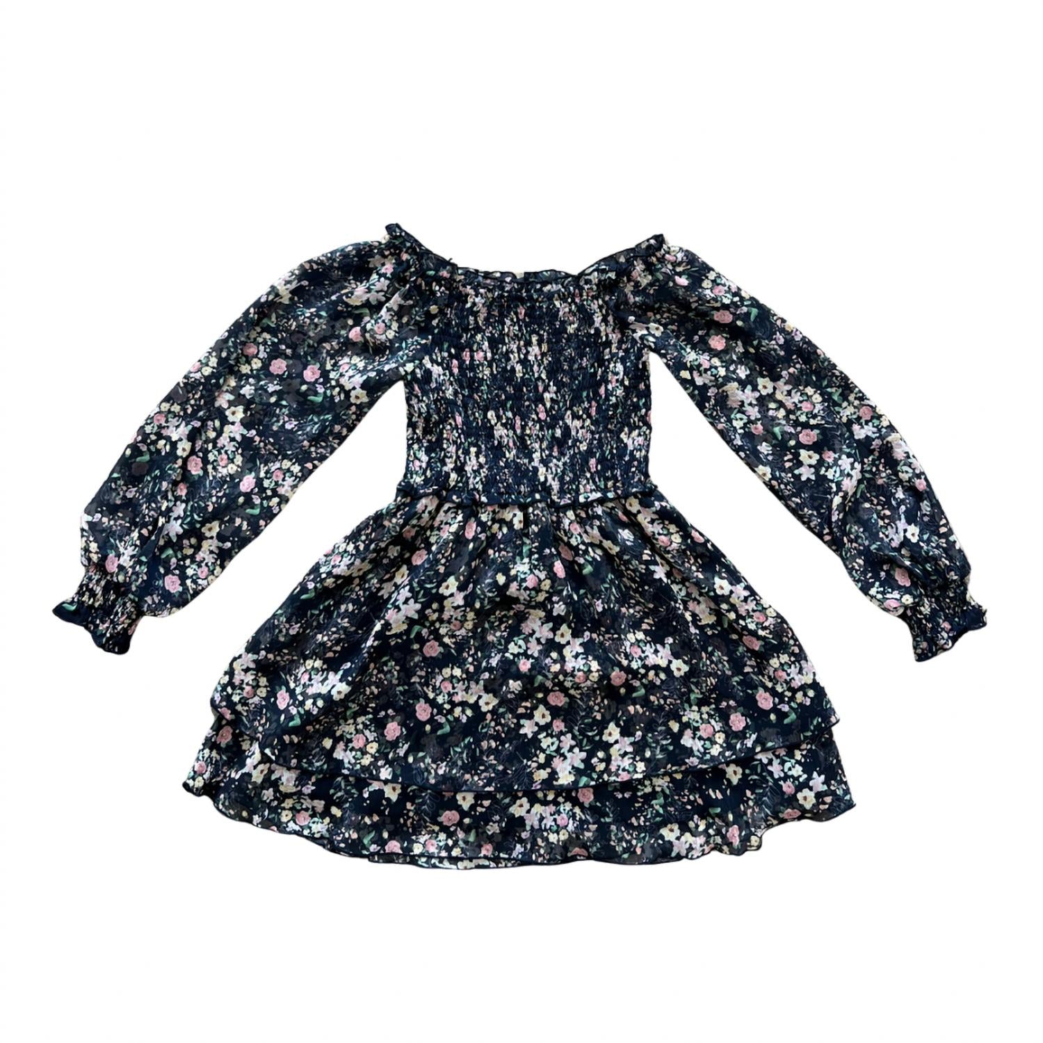 Flowers By Zoe - Girl's Floral Chiffon Smocked Long Sleeve Dress