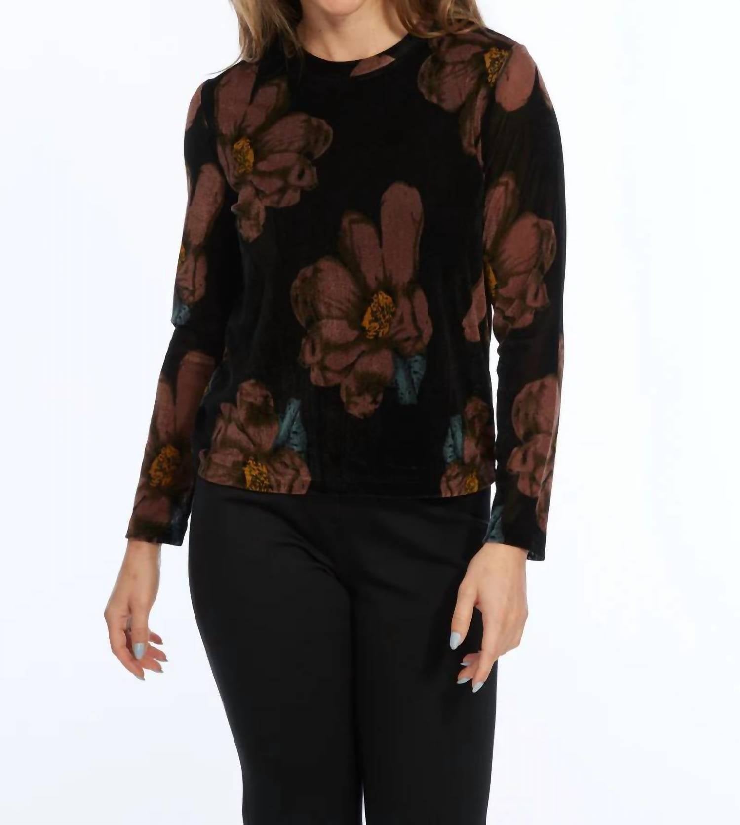 LIOR Velvet Mesh round neck top in black brown blue - women's long sleeve top - detail view