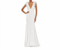Mac Duggal - Satin Feather Shoulder V-neck Gown