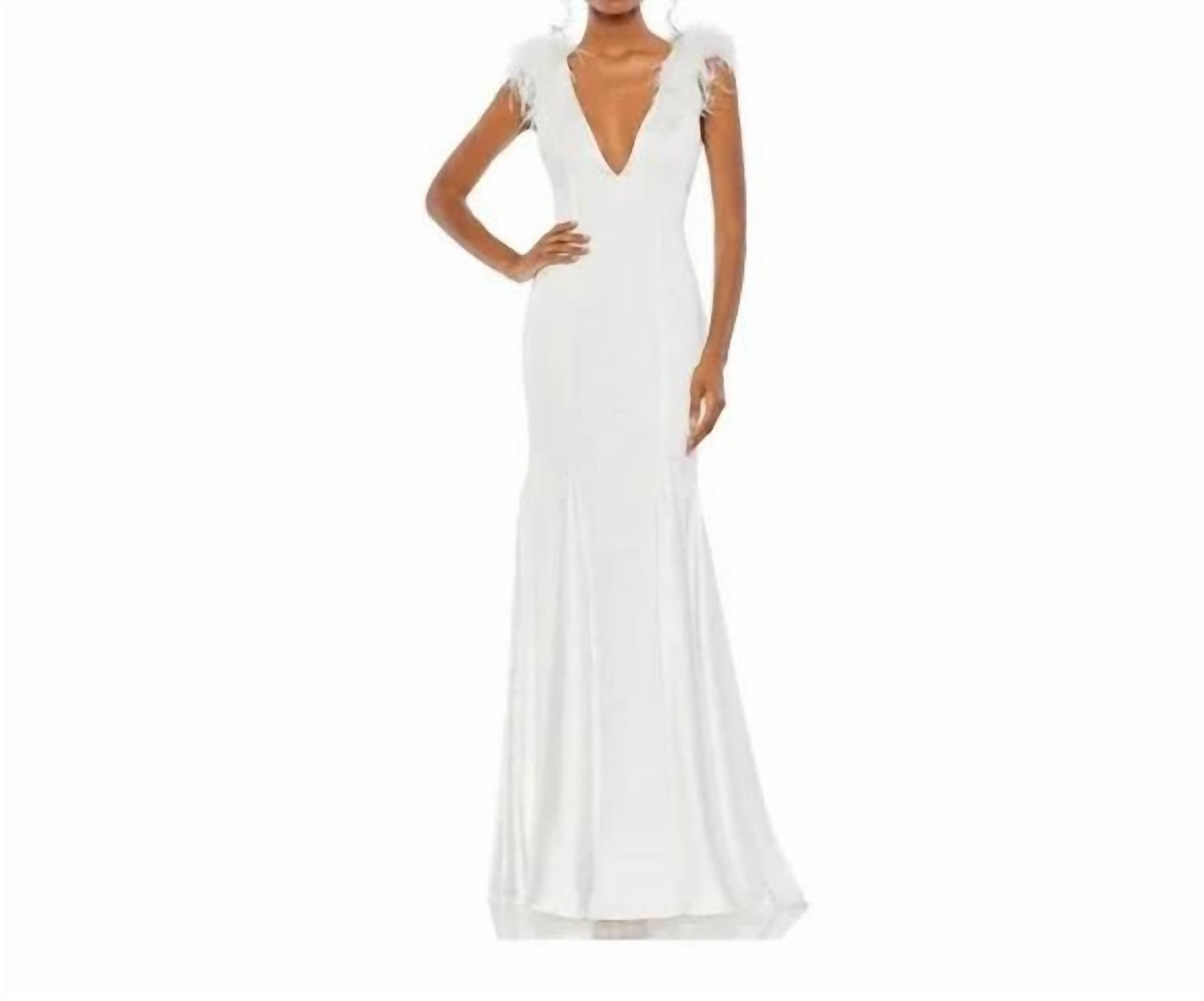 Mac Duggal - Satin Feather Shoulder V-neck Gown