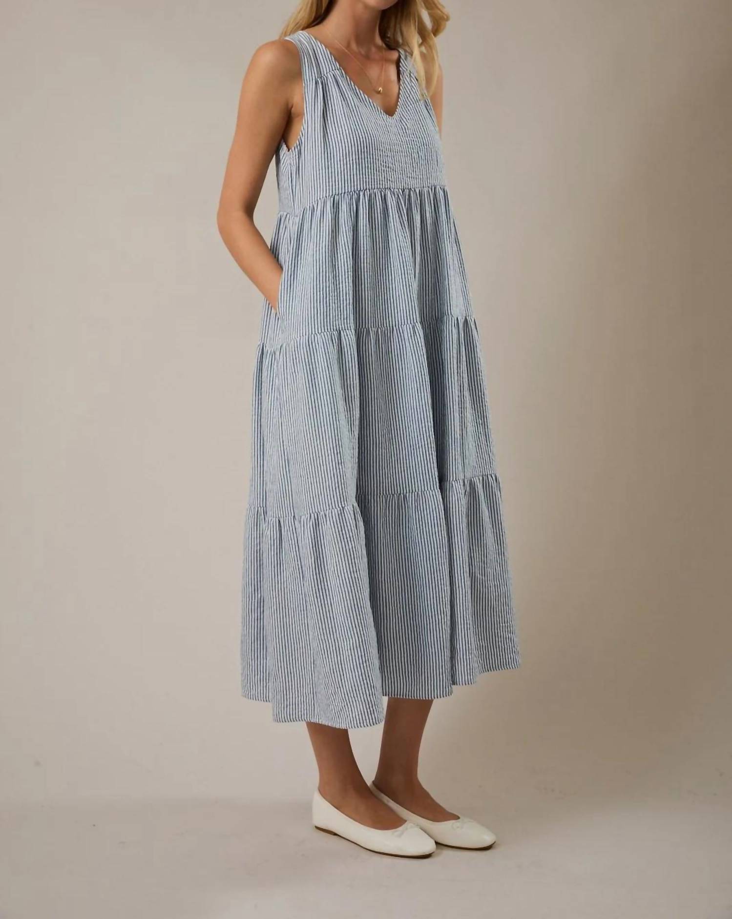 Sunday Edition - V-neck Sleeveless Tiered Stripe Midi Dress