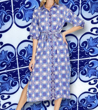 Jade Damask Tile Print Maxi Dress in blue damask - women's dress - detail view