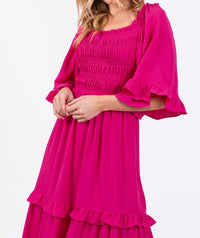 She + Sky - Bell Sleeve Square Neck Smocked Tiered Midi Dress