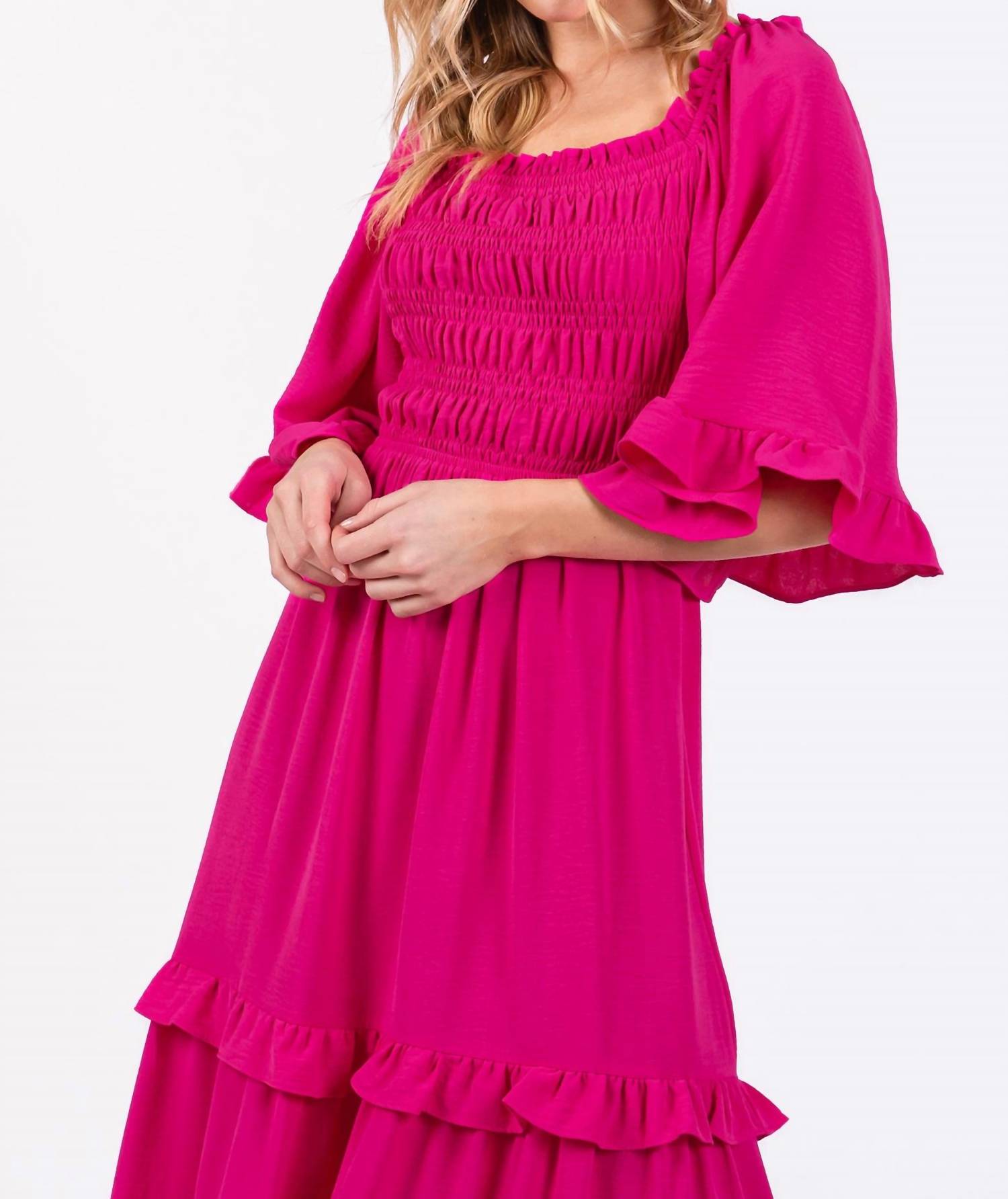 She + Sky - Bell Sleeve Square Neck Smocked Tiered Midi Dress