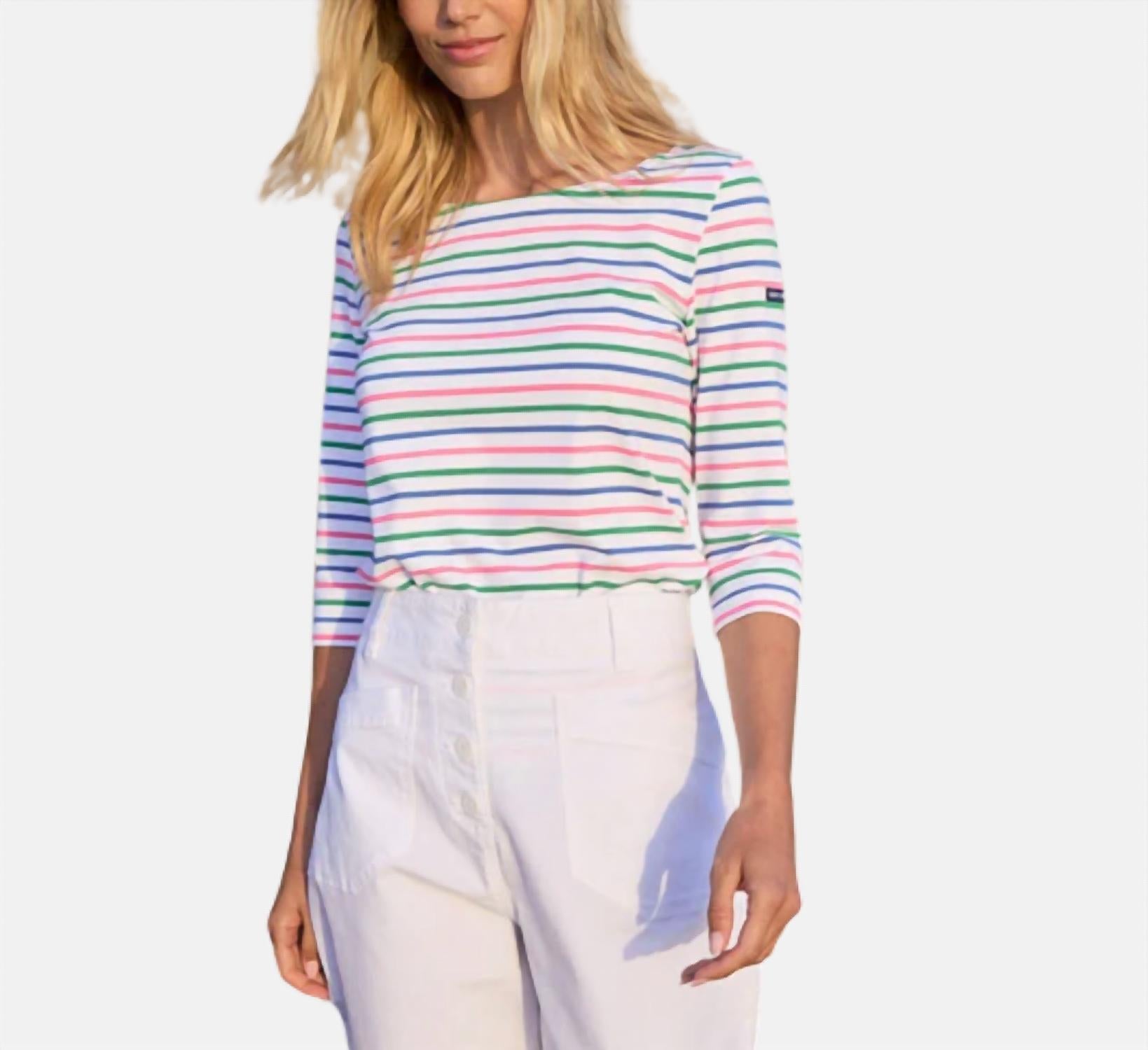 SAINT JAMES Striped Top With 3/4 Sleeves in white vert - women's blouse