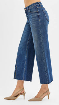 Risen - Mid Rise Tummy Control Crop Wide Front Slit Jeans