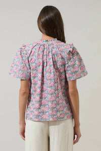 SUGARLIPS Gemalee Eyelet Mei Split Neck Top in pink green - women's blouse - detail view