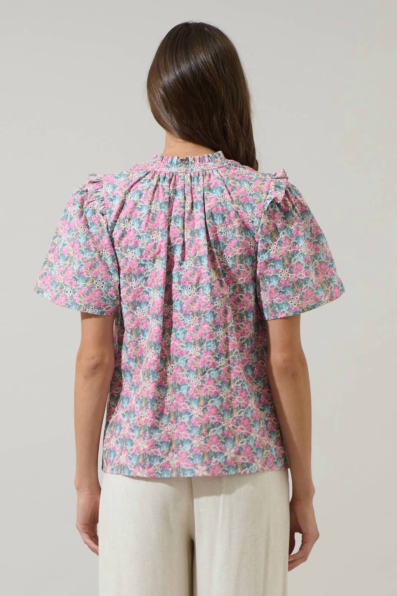 SUGARLIPS Gemalee Eyelet Mei Split Neck Top in pink green - women's blouse - detail view