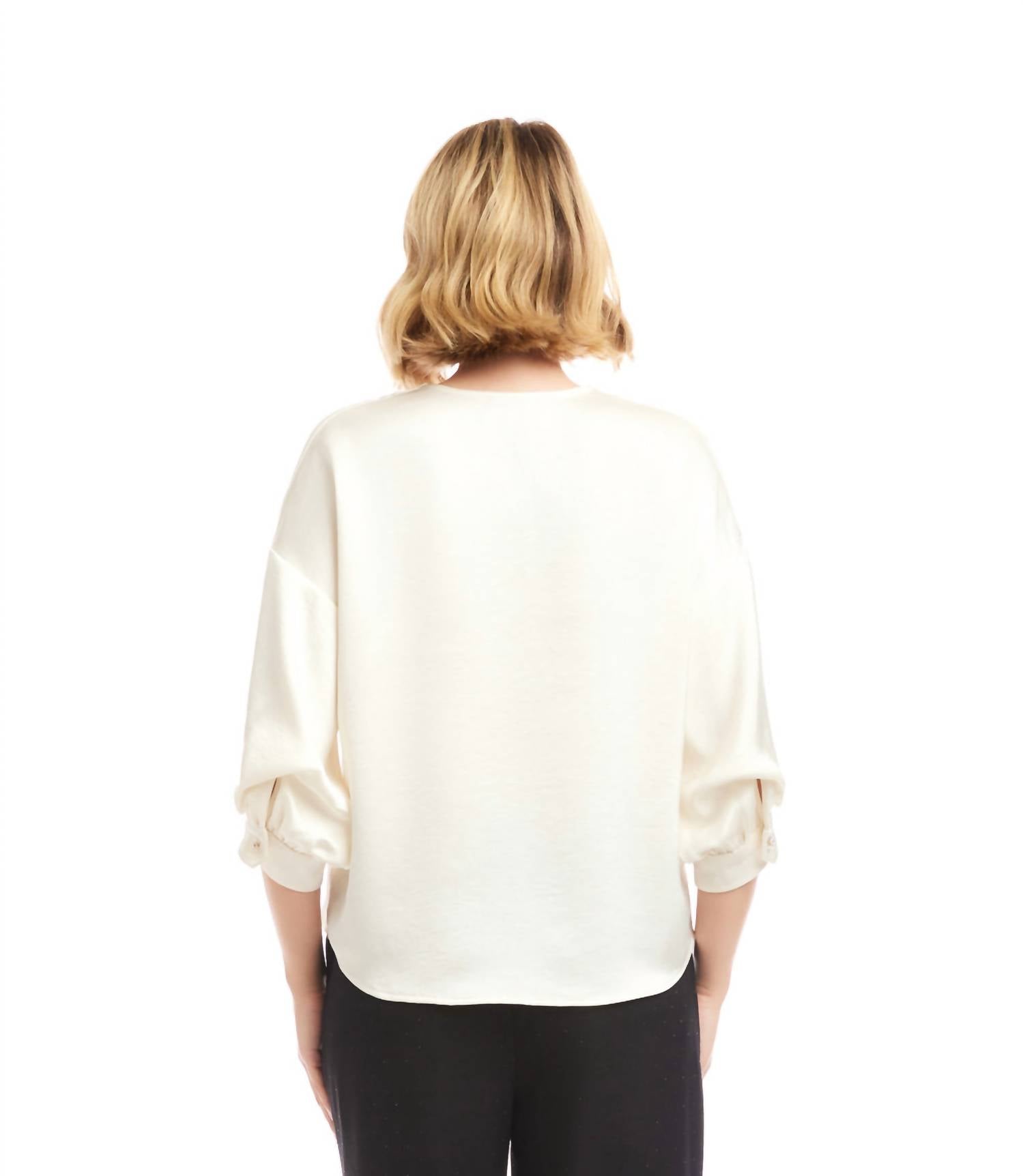 Karen Kane Lantern Sleeve Crystal Rhinestone Button Satin Top - Petite in cream - women's blouse - alternate view