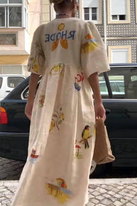 Rosa Clothing Fashion Print V Neck Cute Loose Dress in apricot - women's dress - view 6