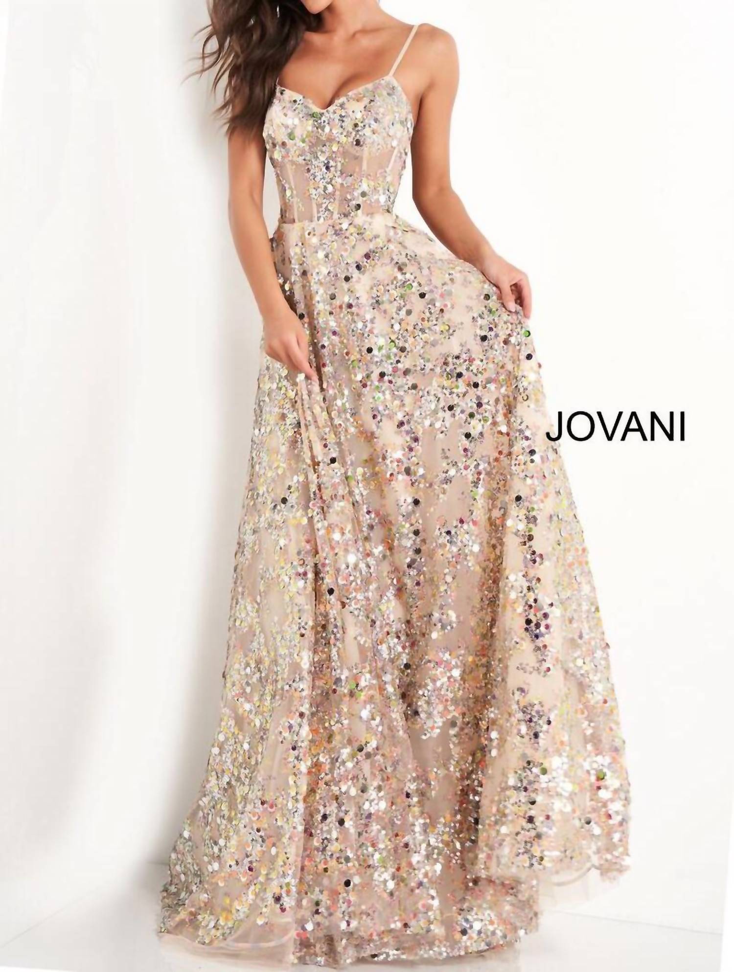 JOVANI Spaghetti Strap Sweetheart Neck Evening Dress in gold - women's dress