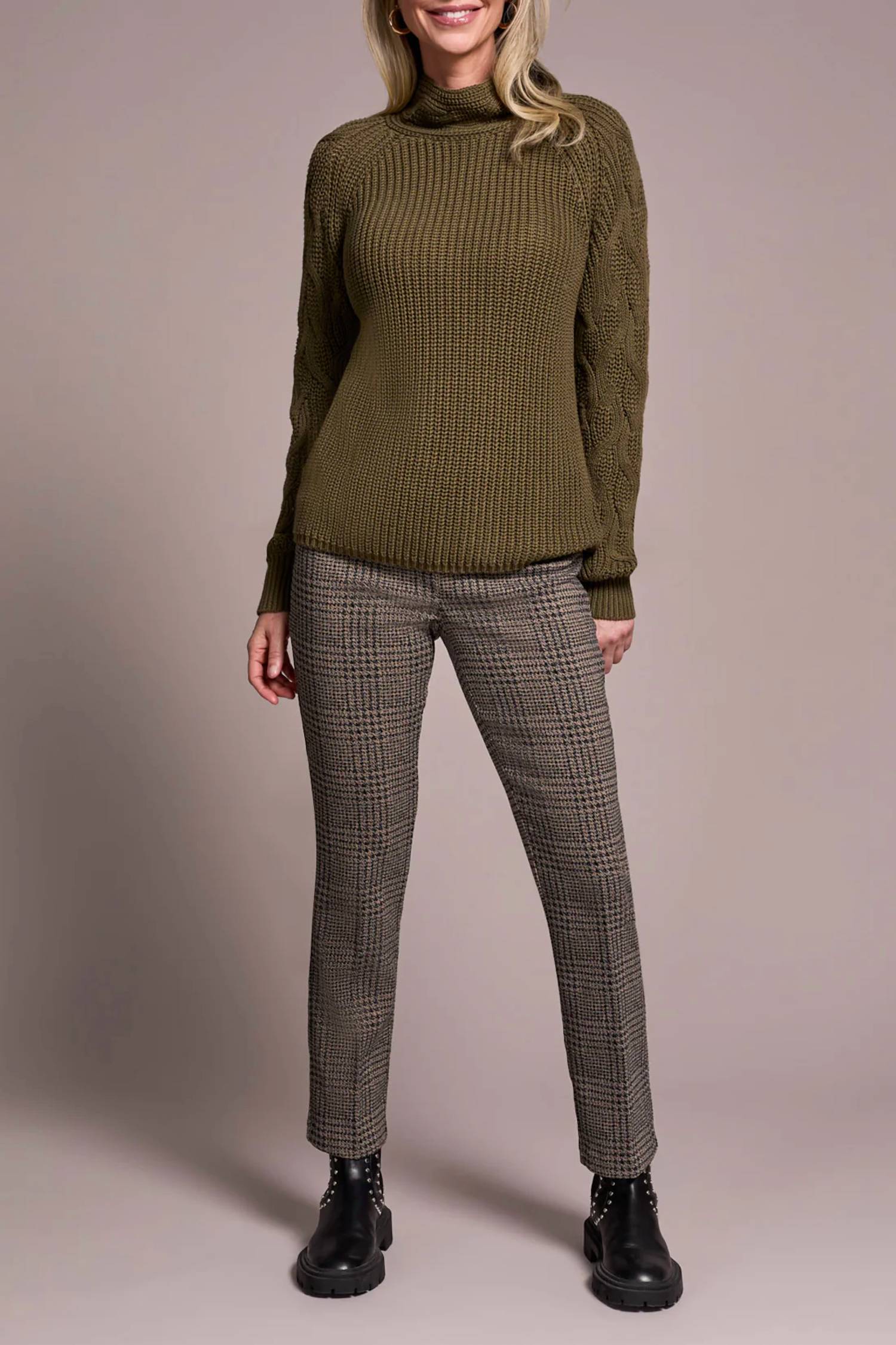 TRIBAL Long Sleeve Cable Mock Neck Sweater in ivy - women's sweater - detail view