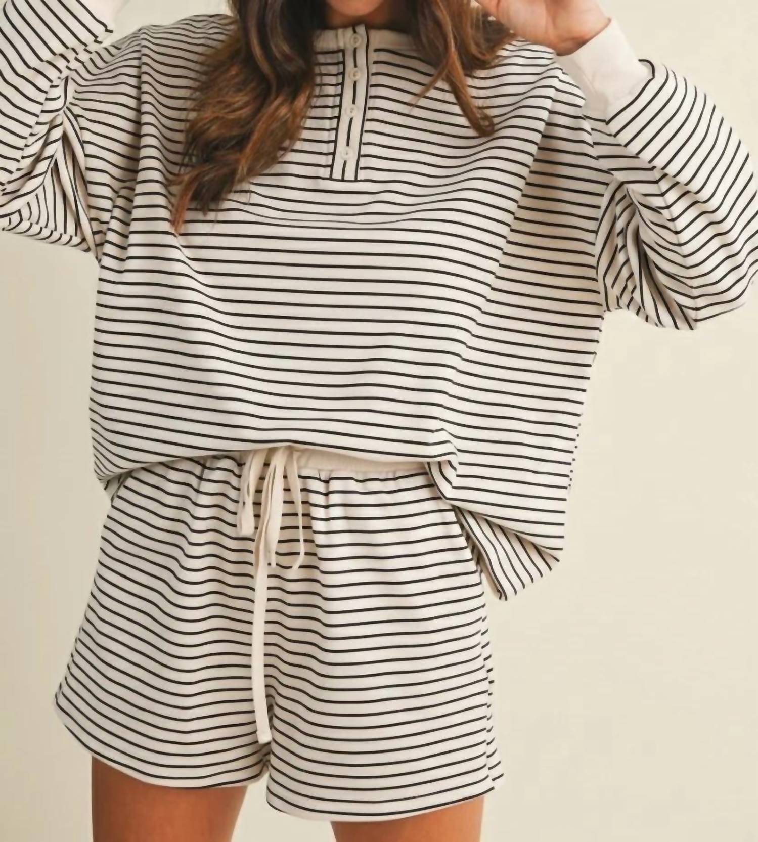 Anniewear - Soft Brushed Pin Stripe Knit Pullover & Shorts