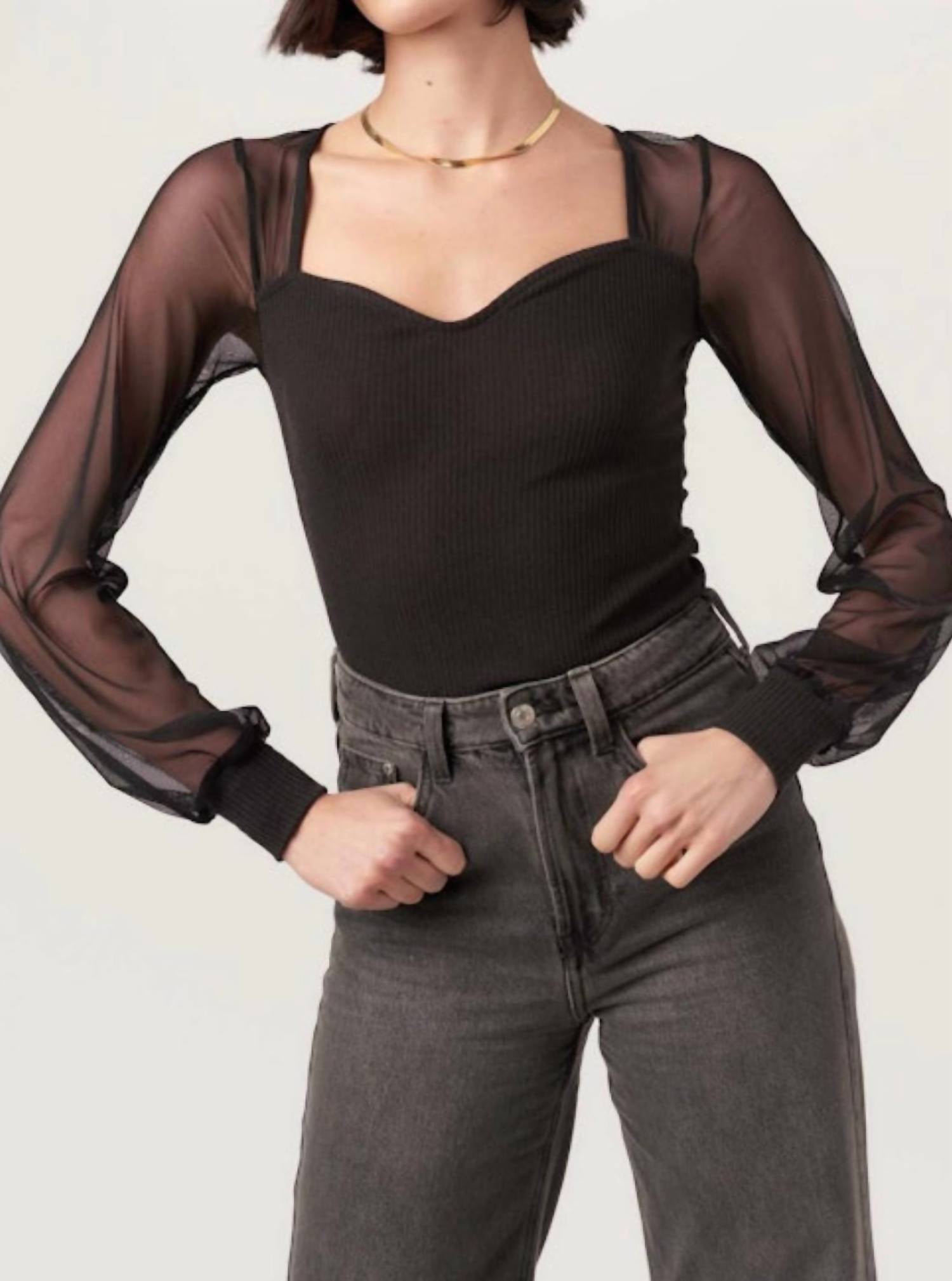 Project Social T - On The Edge Mixed Mesh Sweetheart Neck Top