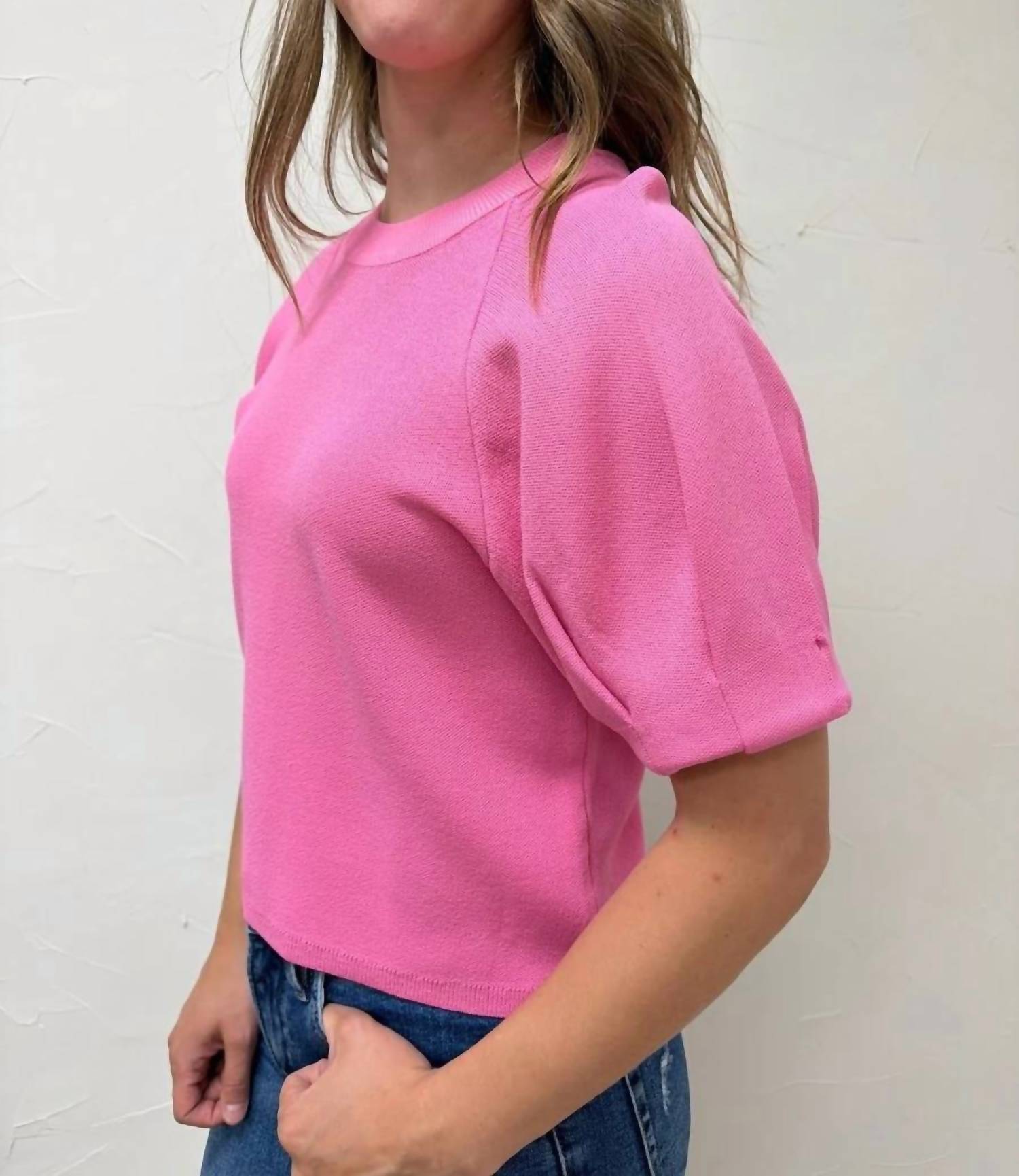 Entro - Solid Short Puff Sleeve Knit Top