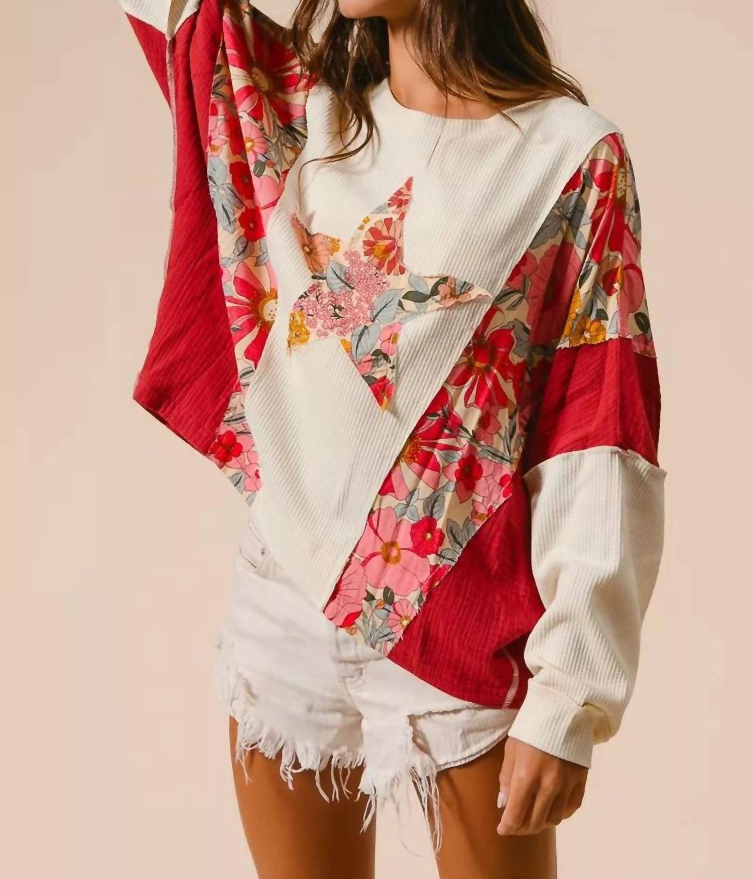 BiBi Mixed Print Knit Top in oatmeal - women's long sleeve top - detail view