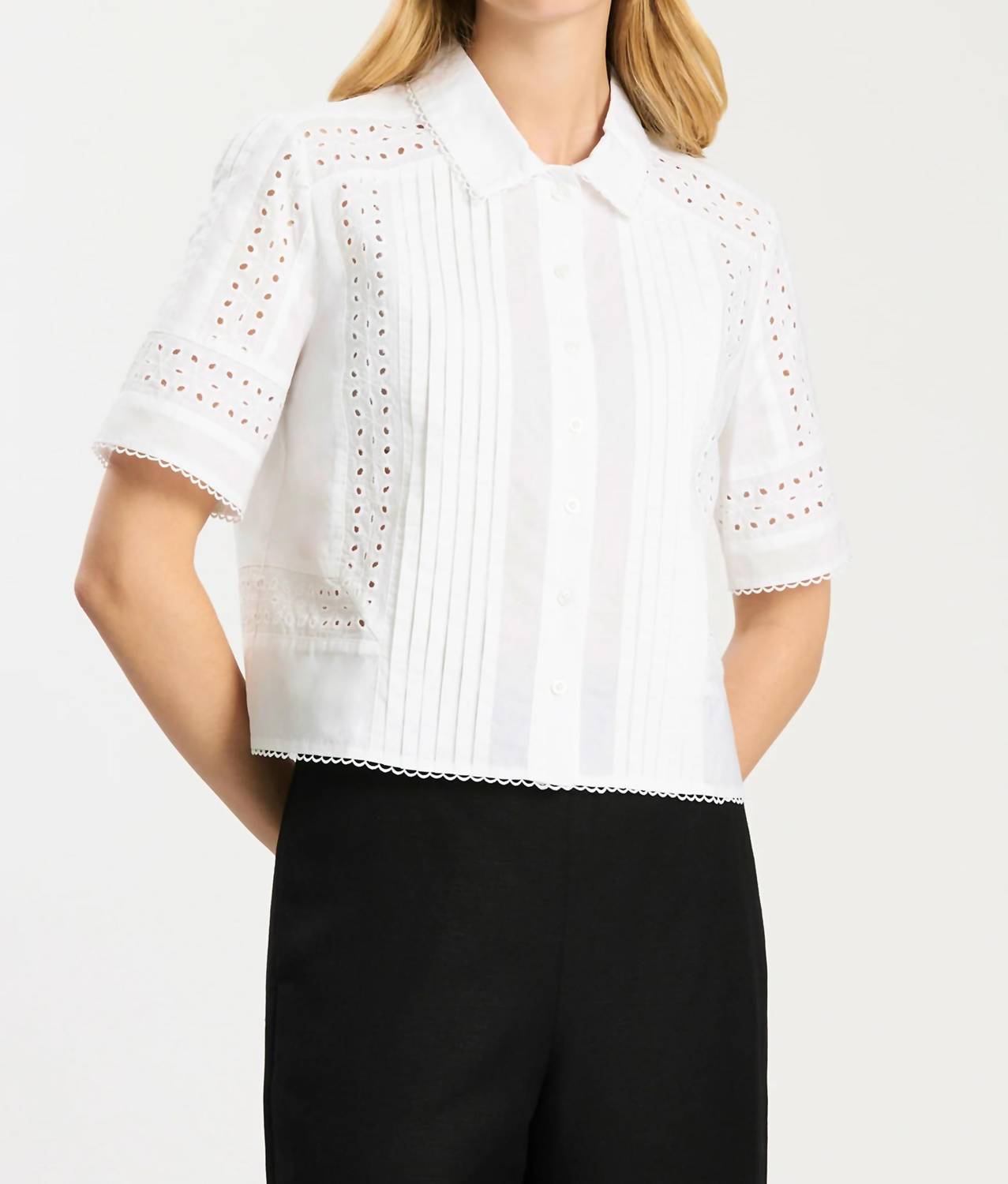 Tyler Boe Sabrina Pleated Eyelet Shirt in white - women's blouse - detail view